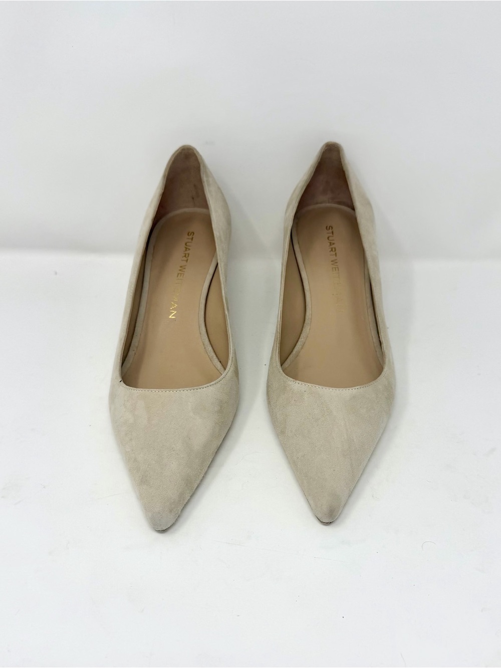 Stuart Weitzman Light Beige Suede Pointed Toe Kitten Heel Pump
